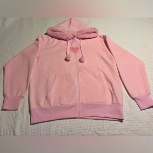Dolls Kill Sugar Thrillz All I Want Zip Up Hoodie Pink Faux Fur Fleece Small NWT